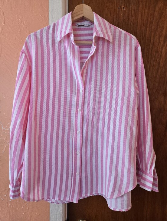stradivarius Tops - Stradivarius Pink and White Vertical Stripe Button-Down Shirt, Linen Blend, XS